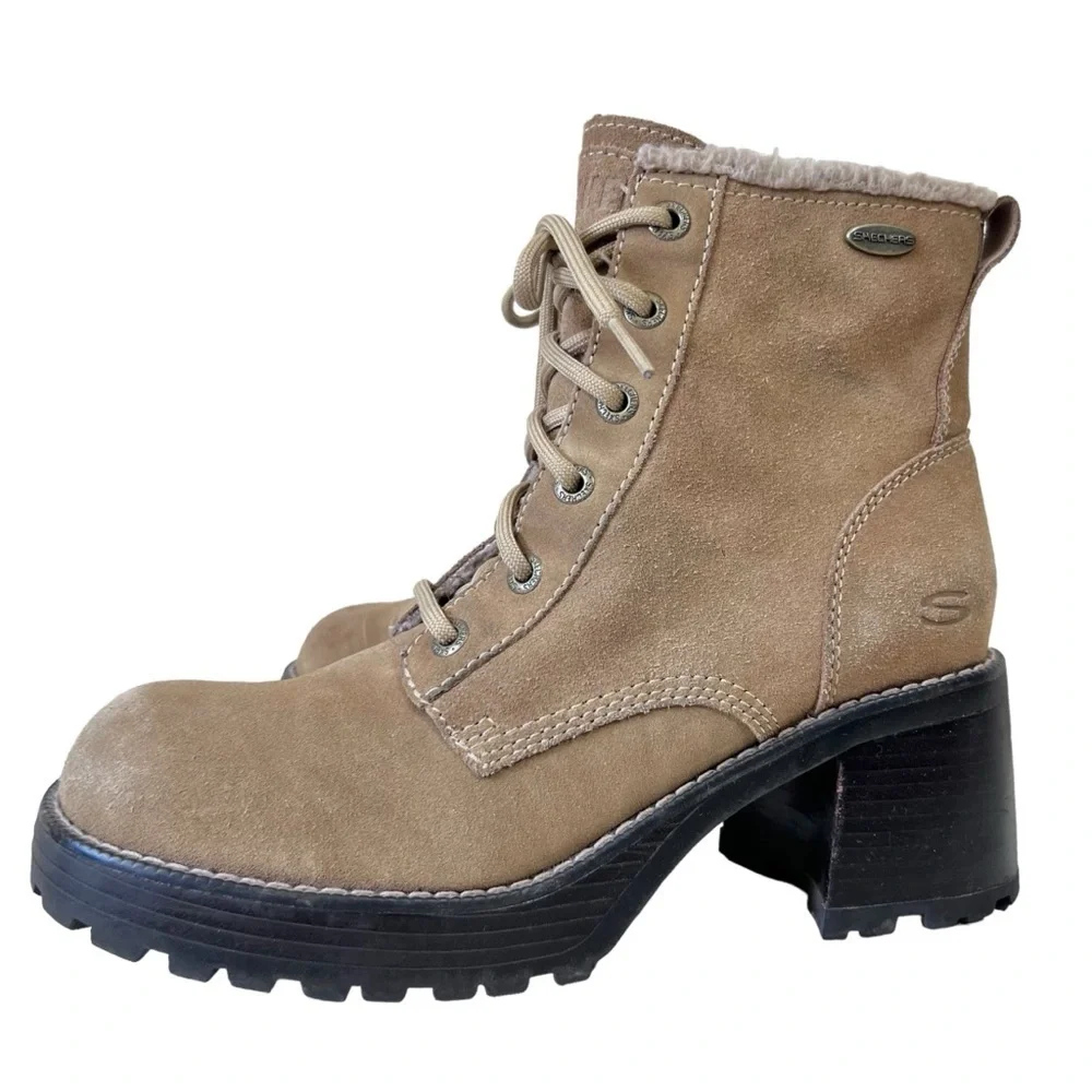 Y2K Skechers Mesa Stone Sherpa Chunky Round Toe Block Heel Ankle Boots